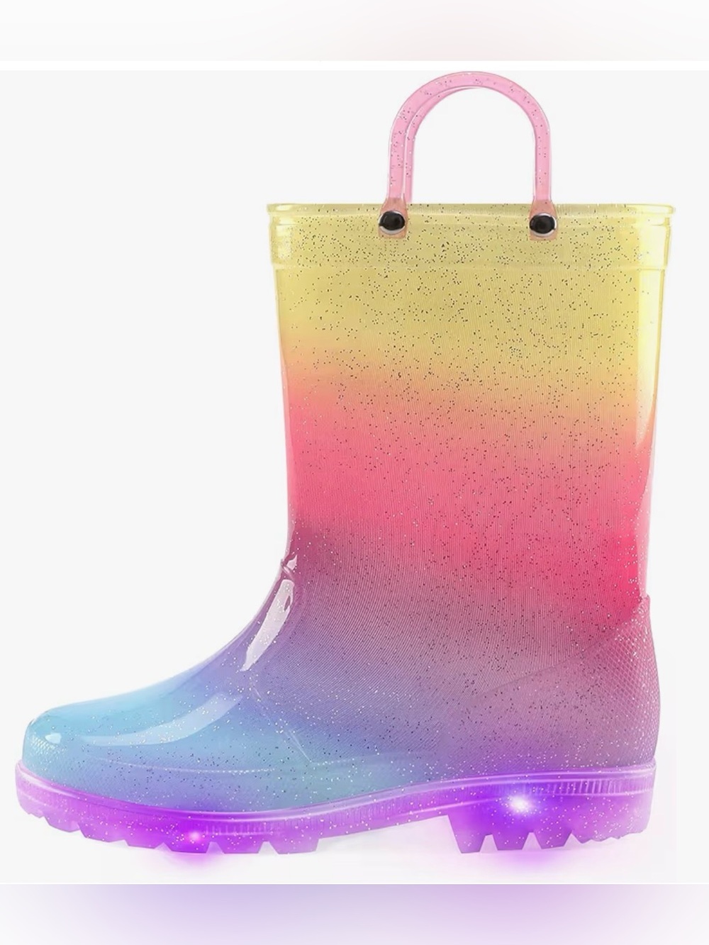Kids Rain Boots, Waterproof Light up Boots with Handles, Rainbow Glitter, Size 2